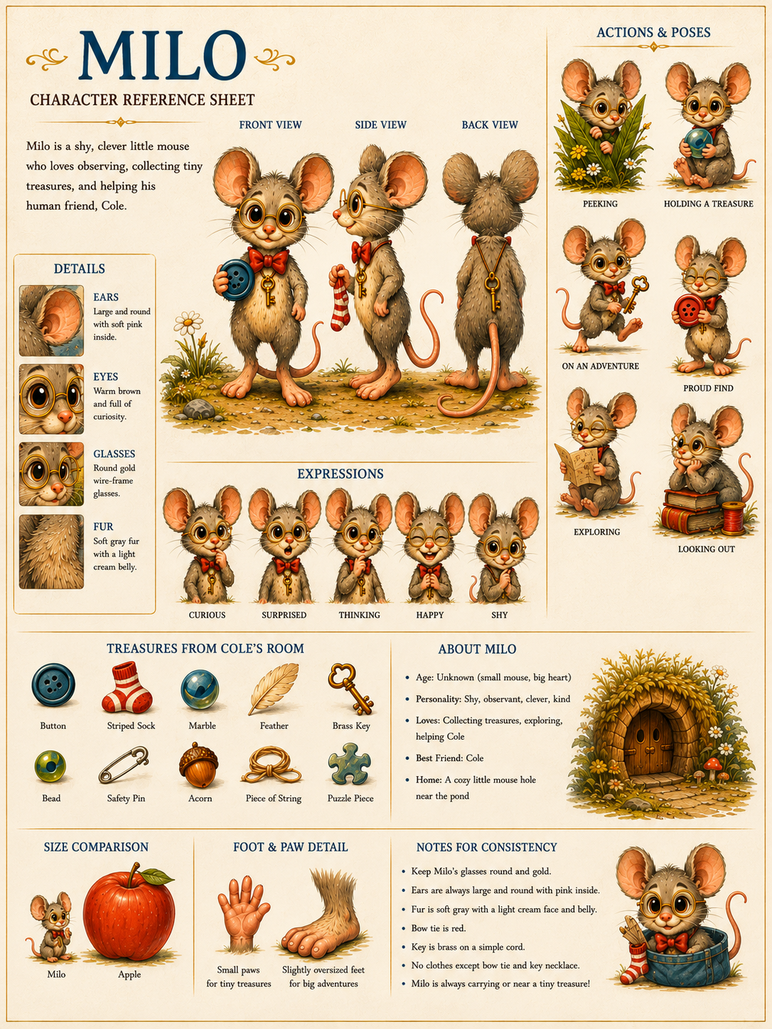 Milo, a gray mouse with glasses, a red bow tie, and a brass key
