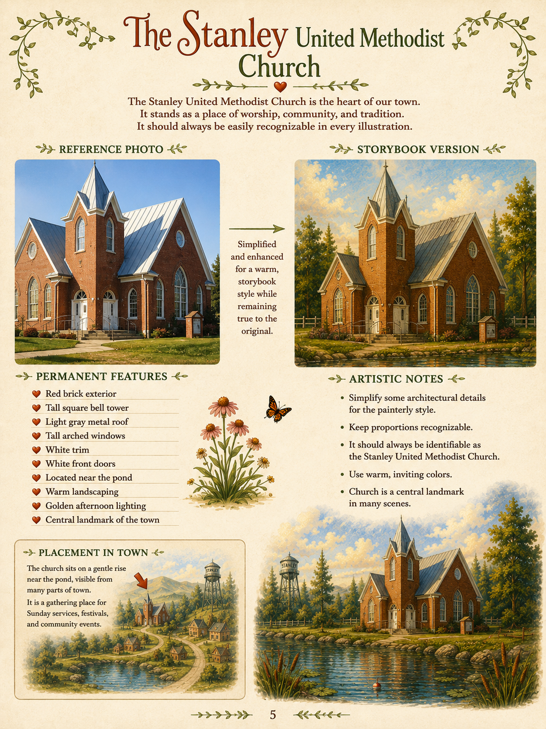 Storybook illustration of Stanley United Methodist Church